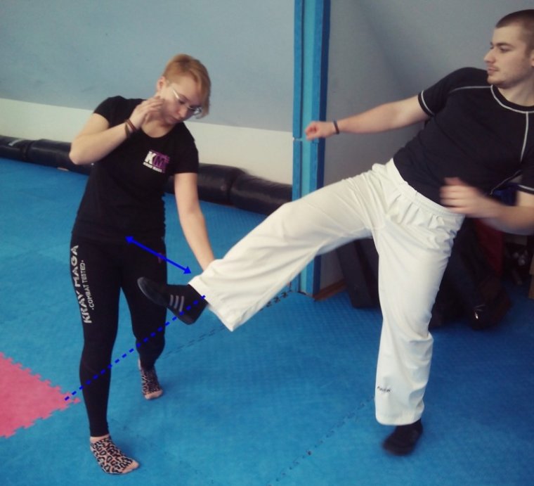 Slika 1: Hand defense against regular front kick, passive stance Obrana rukom od regulara iz pasivnog garda